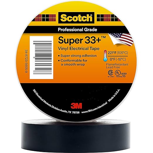 3M Scotch Super 33+ Electrical Tape - 1 in x 36 yd (108 ft), Premium Grade All-Weather Vinyl, Resistant to Abrasion, Moisture, Corrosion, Alkalies - 1 Long Roll, Black