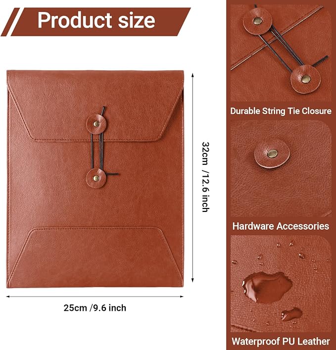 Leather File Folder for Documents,Important Document Folder with String Tie,Laptop Sleeve Notebook Case,Leather File Organizer,A4 Envelopes Filing Folder (Vertical, Brown)