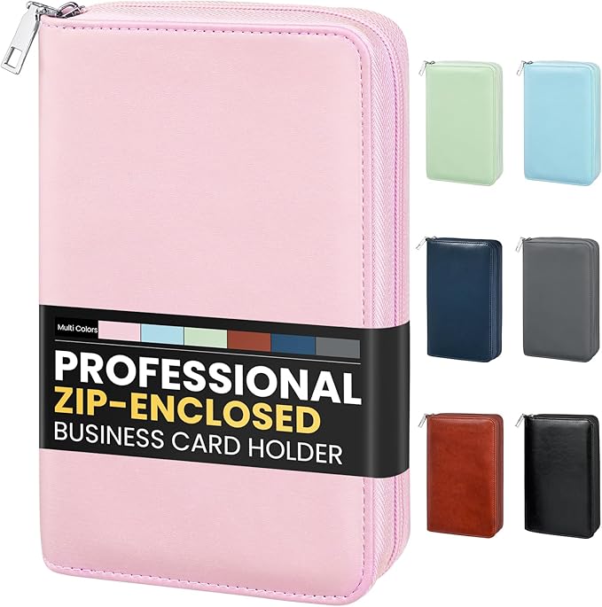 Sooez Zip-Enclosed Business Card Holder Organizer, Professional Credit Card Case Book for Women Men, 240 Capacity, Premium Vegan Leather Gift Card Organizer Storage, 7.87"×4.92"×1.57", Light Pink