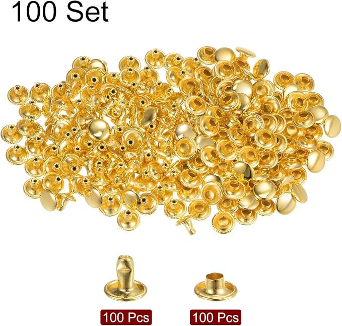 HARFINGTON 100 Sets Leather Rivets 6 x 8mm Metal Double Cap Rivet Snaps Studs Fasteners with 3pcs Setting Tools for Leather Craft DIY Repair Decoration, Gold Tone