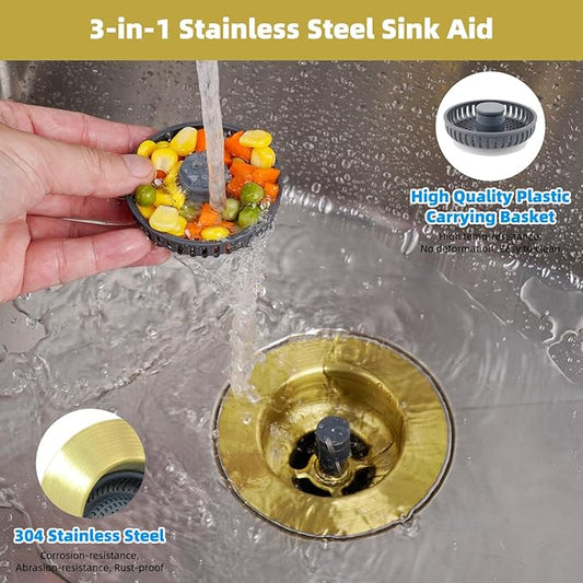 Hibbent Upgraded 3 in 1 Kitchen Sink Drain Strainer and Stopper Combo, Stainless Steel Metal Pop Up Sink Stopper, 3 Anti-Clogging Basket Strainers for US Standard 3-1/2 Inch Drain, Brushed Gold