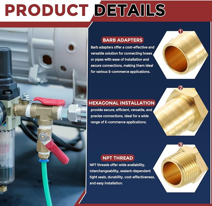 Pack of 8 Brass Hose Barb Fittings Adapter Connector 3/8" Hose Barb to 3/4" NPT Male Fittings for Home Machines, Massage Bathtubs, and Irrigation Systems