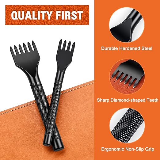 XOOL Leather Punch & Stitching Chisel Kit, Diamond Chisels & Hollow Hole Punch Set, 1–5mm & 4mm Prong Spacing, for Belt, Watch Strap & DIY Leather