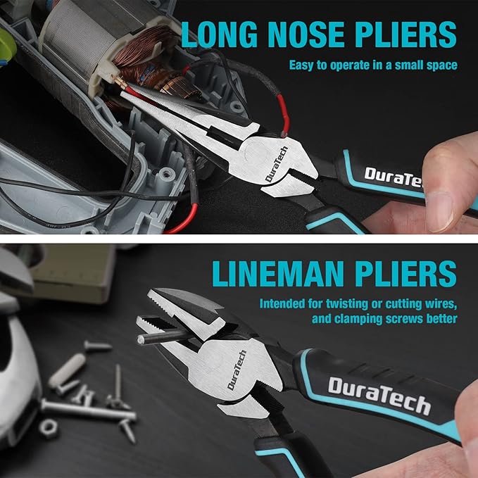 DURATECH 7-Piece Pliers Set with Rolling Pouch, Premium Cr-Ni Construction (10", 8" Groove Joint Pliers, 8", 6" Long Needle Nose, 8" Linesman, 6" Slip Joint, 6" Diagonal) for Basic Repair