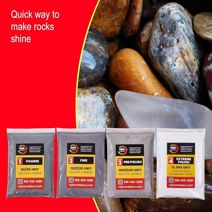 Rock Tumbler Grit Kit Refill with 12,000 Grit Polish, Silicon Carbide & Aluminum Oxide, Stone Polishing Kit with Plastic Pellets for 20lb Rotary & Vibratory Tumblers