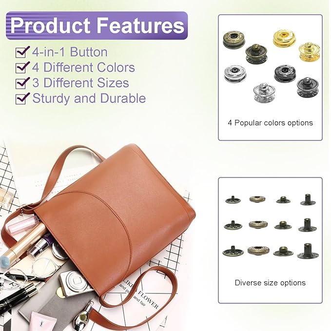 100 Sets Leather Snap Fasteners Kit, 10mm Snaps Button, Metal Snap Buttons Press Studs with 4 Install Tools 4 Colors for Leather Bag Clothes Jackets Jeans Wears Bracelets Fashion DIY Sewing