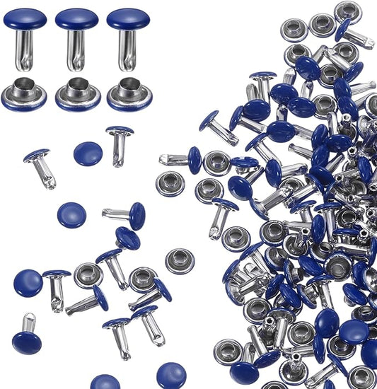 HARFINGTON 100 Sets Double Cap Leather Rivets, 6x8mm Round Cap Tubular Metal Studs Leather Crafting Rivets for Fabric Belt Pet Collar Boot Bag Repair and Decoration, Dark Blue