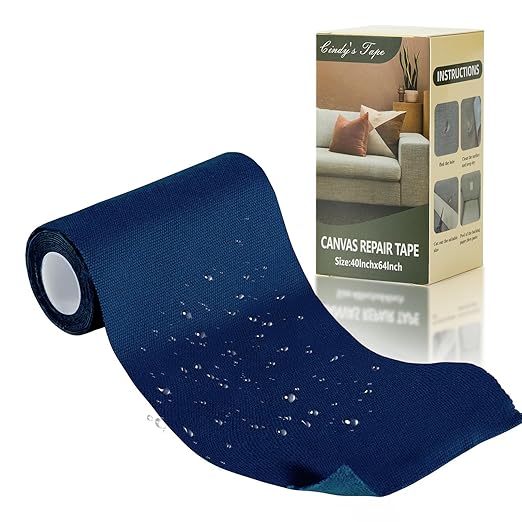 Linen Canvas Repair Tape, 4×63 Inches Blue Waterproof Self-Adhesive Patch for Outdoor Gear, Durable Fabric Tape for Boat Covers, Tents, Couch, Sofas, Sun Shades, Awnings, and Lounge Chairs