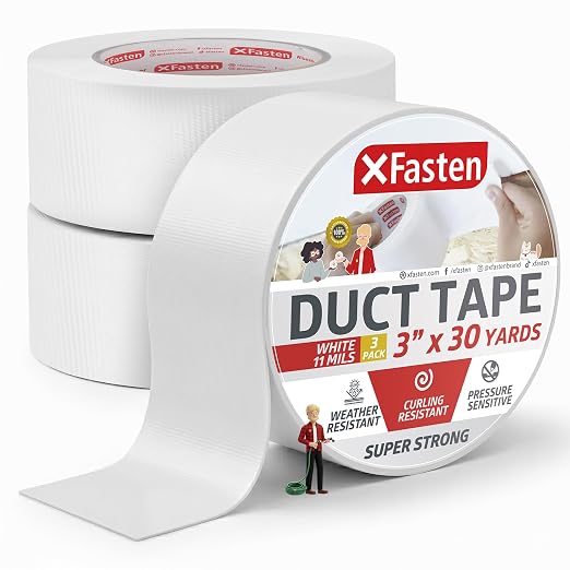 XFasten Super Strong White Duct Tape 3 Inch x 30 Yards 3-Pack (90Yds Total) White Outdoor Tape White Duct Tape Heavy Duty Waterproof, Easy to Tear Travel Duct Tape Bulk for Smooth and Rough Surfaces