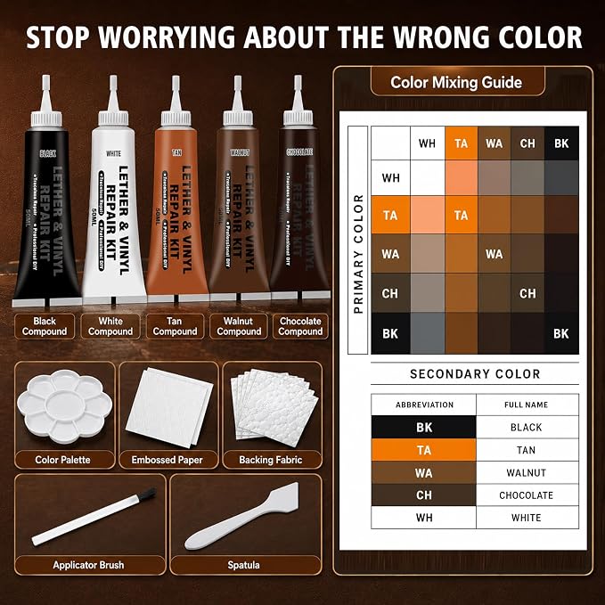 Brown Leather Repair Kit for Furniture, Car Seats, Couch, Steering Wheel, Leather and Vinyl Repair Kit with Super Easy Instructions, Efficiently Repairs Scratches, Peeling, Tears, Holes of All Leather