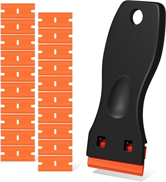 Plastic Razor Blade Scraper, Scraper Tool with 20 PCS Plastic Razor Blades for Removing Labels Adhesive Decals Sticker from Windows Glass (Black)