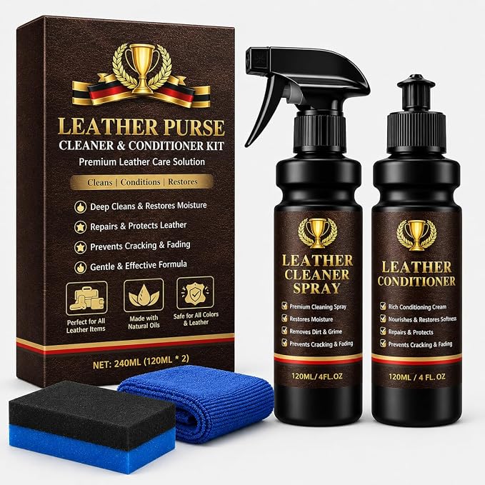 Leather Cleaner and Conditioner Kit, 5-Piece Leather Care Kit with Cleaner Spray, Conditioner, Microfiber Cloth, Sponge & Spray Nozzle, Leather Cleaner for Couches, Car Seats, Furniture, Bags