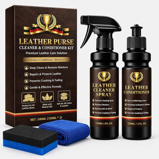 Leather Cleaner and Conditioner Kit, 5-Piece Leather Care Kit with Cleaner Spray, Conditioner, Microfiber Cloth, Sponge & Spray Nozzle, Leather Cleaner for Couches, Car Seats, Furniture, Bags