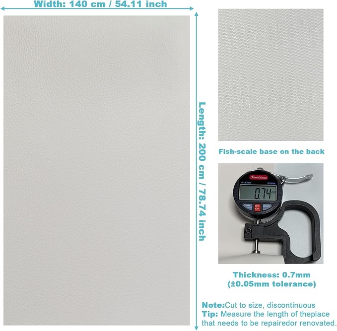 Faux Leather Vinyl Fabric, 78“ x 55” White Grained Lychee Leather Sheets, Synthetic Leather Material, for Upholstery Crafts, DIY Sewings, Automotive, Outdoor Boat Pleather