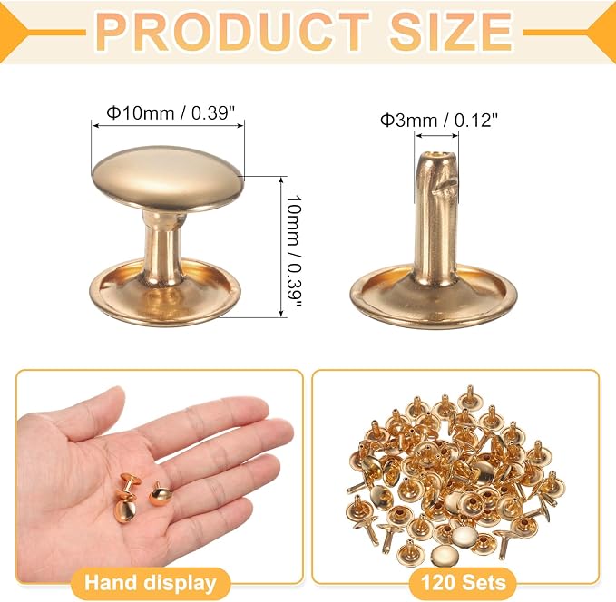uxcell 120Set Leather Rivets, 10mm Double Cap Rivet Tubular Metal Studs Repairs Decoration Craft Accessories for Repair Decorate Leather Craft Belt Bag Shoes Purse Belts, Light Gold