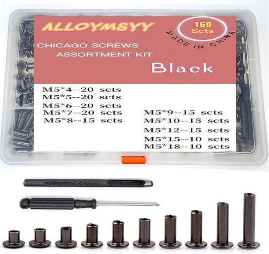 160Sets Chicago Screws with Hole Puncher and Screwdriver Leather Rivet Assorted，10 Sizes of Screw Rivets Chicago Screws for Decorate and Repair Leather Craft Belt Bag Shoes Purse Bookbinding