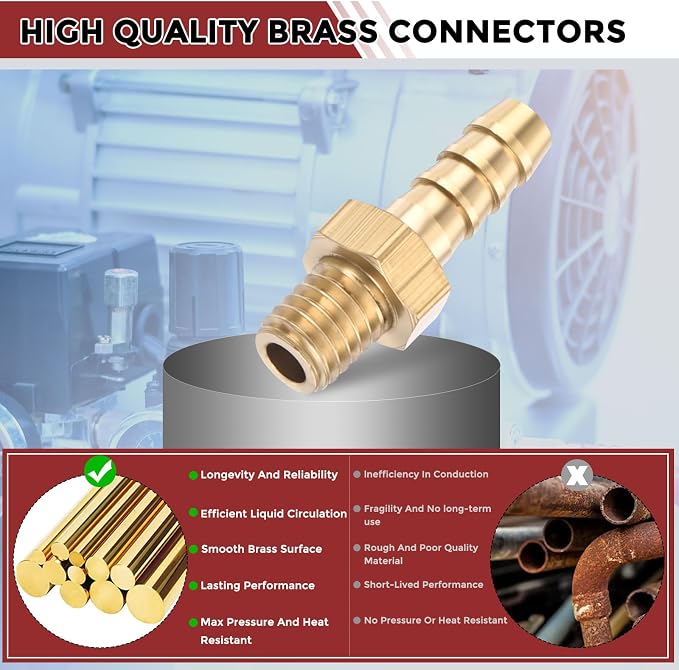 Pack of 6 Brass Hose Barb Fittings Adapter Connector 4mm Hose Barb to M5x0.8 Male Fittings for Home Machines, Massage Bathtubs, and Irrigation Systems