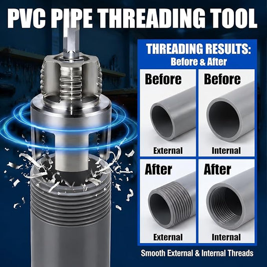 3 Pcs Pipe Thread Cutting Tool & PVC Pipe Threader Kit, Internal & External Rethreading Tool for 1/2", 3/4" & 1" PVC Plastic Pipes, Electric Drill Compatible for Plumbing Repair