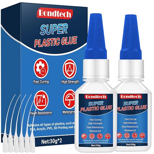 Plastic Glue 30 g*2, Super Glue for Plastic, Strong Clear Adhesive for Miniatures, Model, PLA, 3D Printing, Acrylic, PVC, Waterproof, Heat-Resistant (Clear, 30 Grams * 2 Pack, Plastic Glue)