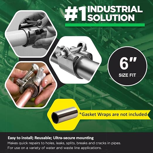Highcraft Pipe Repair Clamp 6'', IPS Single Bolt, 3” Long, Stainless Steel