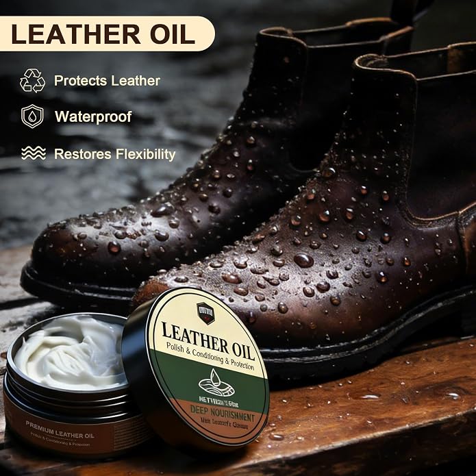 Leather Care Kit – Includes 3.52oz Saddle Soap, 3.52oz Leather Oil, 2 Horsehair Brushes, Cloth & Sponge – Complete Leather Cleaning, Polishing & Conditioning Set – Perfect Gift for Men & Women