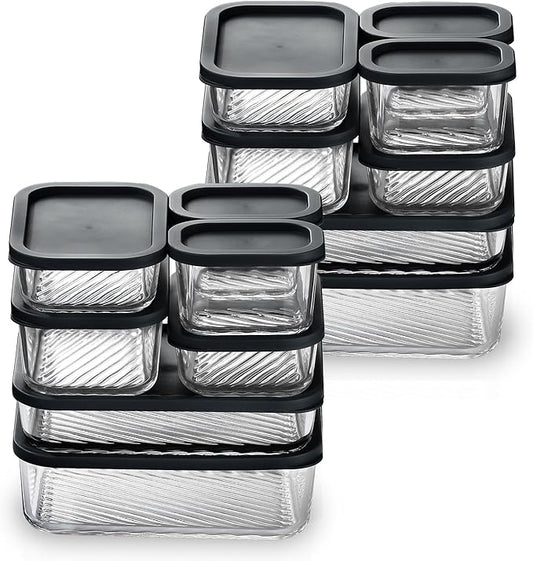 EATEX 14 Pack Glass Meal Prep Containers with Grooved Base, 14 Stackable BPA Free Glass Storage Containers with Lids for Lunch, Pantry, and Kitchen - Microwave, Dishwasher Freezer & Oven Safe - Black