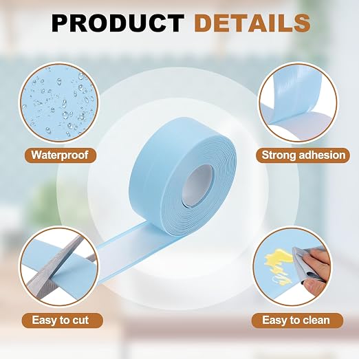 uxcell Caulk Tape Waterproof, 0.83 Inch x 10.5 ft Self-Adhesive Sealant Sealing Strip Caulking Sealant Tape PVC with Tool for Kitchen Sink Toilet Bathroom Bathtub Floor, Blue