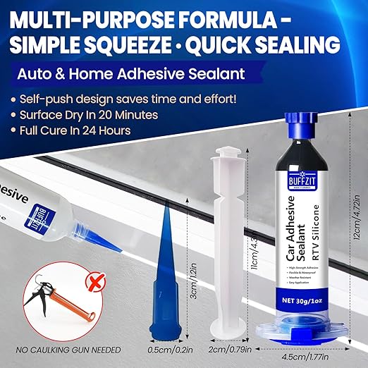 Silicone Sealant RTV 100% Silicone Waterproof Sealant – All-Purpose Caulk for Car, Kitchen, Window, Bathroom, Door – High Strength, Anti-Shrink & Crack (White, 30g/1oz)