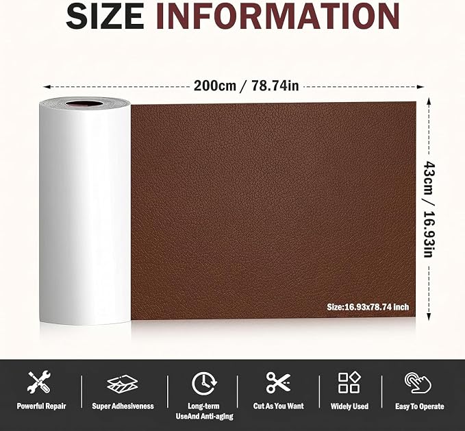 Leather Repair Patch, 17 x 79 Inch, Self Adhesive Leather Repair Tape, Large Vinyl Patch Kit, Vinyl Repair Tape, for Couches, Car Seats, Chairs, Furniture (Brown)