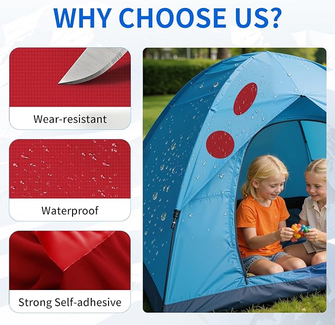 Waterproof Self-Adhesive Nylon Fabric Repair Tape - Tent Repair Kit,48pcs Fabric Patches for Tent, Jacket, Clothes, Puffer Down Jacket,Sleeping Bag, Outdoor Gear Tenacious Repairs Tape, Dark Red