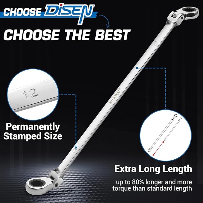 DISEN 16-18mm Extra Long Flex Head Ratcheting Wrench, Double Box End Long Reach Ratchet Wrench, CRV Steel, Metric