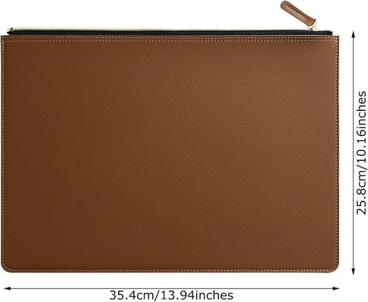 PU Leather A4 File Folder Zipper Document Holder Envelope Folder Case for Receipt Contract (Brown)