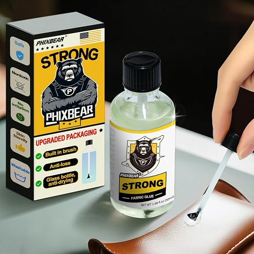 PHIXBEAR Mighty Fabric Glue Permanent in Glass Bottle with Brush, Waterproof Washable Liquid Stitch Fabric Glue, Safe, No Irritation. for Repair Clothes, Leather, Patches(1.68 fl.oz 50ml)