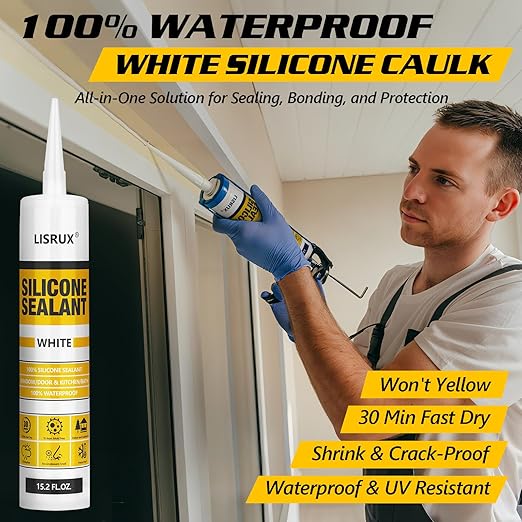 LISRUX Advanced Silicone Caulk for Window & Door, White, 15.2 fl oz Cartridge, 1 Pack - 100% Waterproof Silicone Sealant Indoor Outdoor Caulking, UV Resistant, Stronger Adhesion, Shrink & Crack Proof