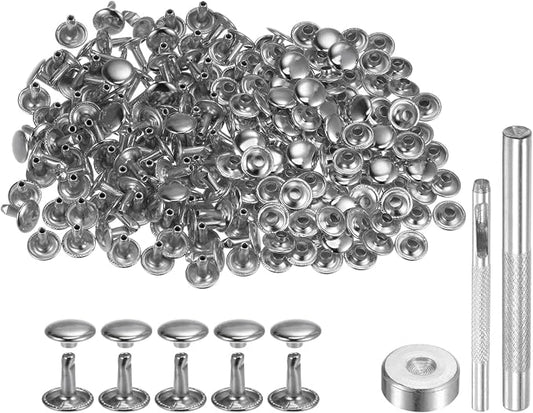 HARFINGTON 100 Sets Leather Rivets 10 x 10mm Metal Double Cap Rivet Snaps Studs Fasteners with 3pcs Setting Tools Rivets for Leather Craft DIY Repair Decoration, Silver Tone