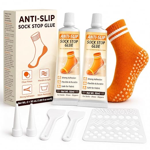 Sock Stop Glue, 2-Pack of 1.69 fl oz Each Sock Stop Anti Slip Adhesive Suitable for Children and Elder, Clear Waterproof Non Slip Sock Glue for Socks, Blankets, and Floor Mats