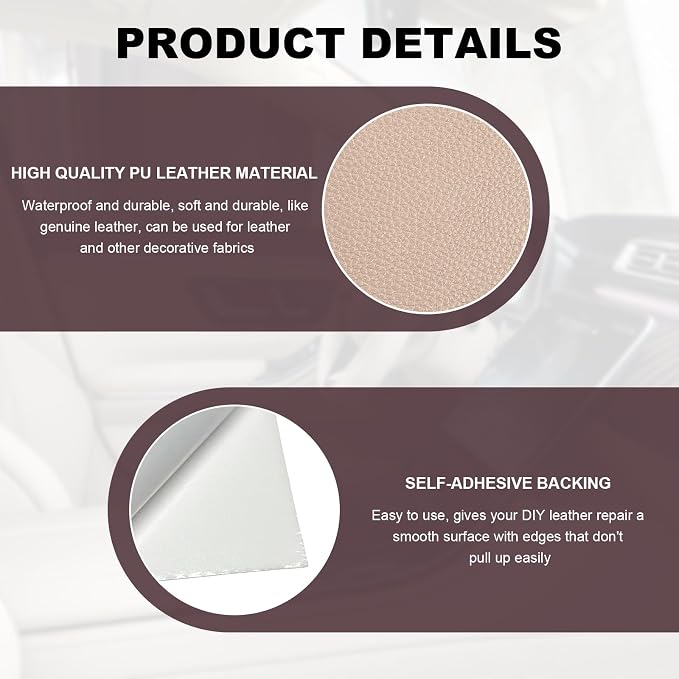 2 PCS Leather Repair Patch Tape, 4 x 8 Inch PU Vinyl Repair Patches for Car Upholstery Seat, Waterproof Self Adhesive Leather Tape Repair Kit for Furniture Couches Chairs (Khaki)