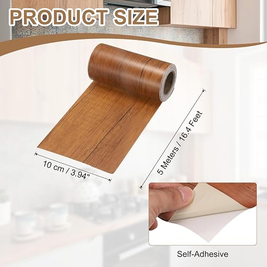 uxcell Wood Tape, 4 Inch x 16ft Self-Adhesive Wood Grain Repair Tape Patch with Plastic Scraper for Baseboards, Doors, Windows, Floor Repair and Furniture Renovation, Dark Brown