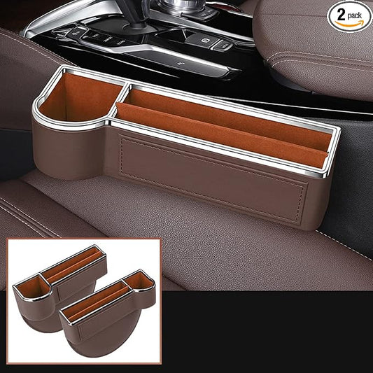 SANRILY 2 Pack Car Seat Gap Filler Organizer with Cup Holder Universal Fashion PU Leather Multifunctional Car Center Console Organizer with USB Hole Brown