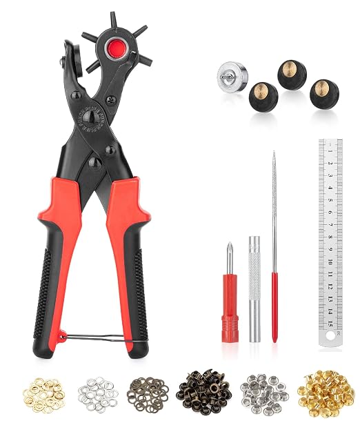 UNCO- Leather Hole Punch Tool Set, Red Handle, Multi Punch Sizes, Belt Hole Puncher for Leather, Belts, Straps, Pet Collars, Shoes, Saddles, Canvas & DIY Crafts, with Grommet Eyelet Kit 100 Set