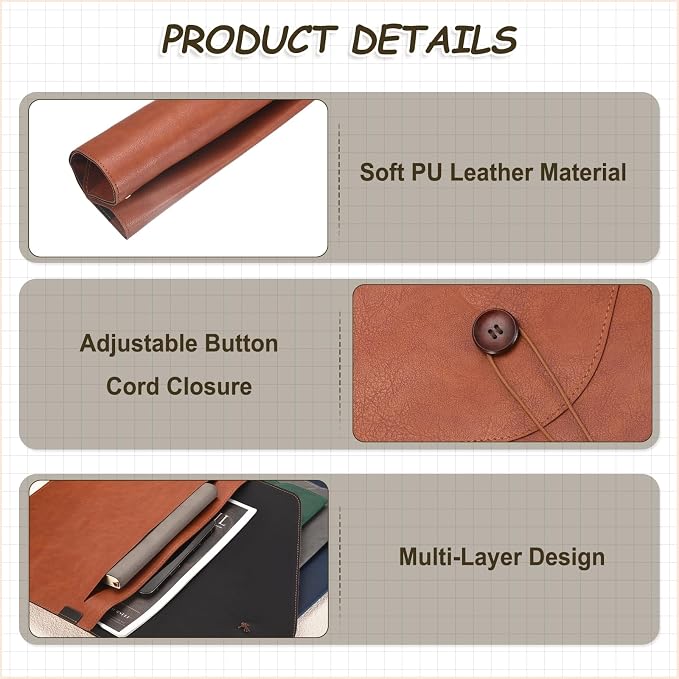 PATIKIL Leather Folder, 14x10 Leather Document Holder File Folder PU Pouch Bag Portfolio File Organizer Button Personal Envelope Waterproof for Traveling Office Men Gift, Brown