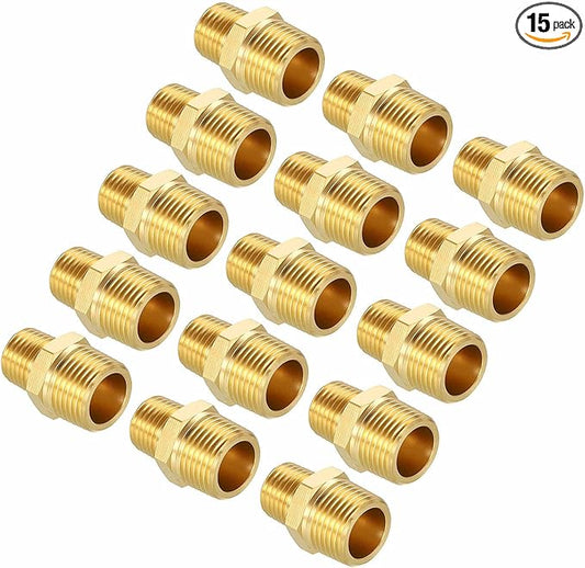 Pack of 15, 3/8" MNPT To 1/4" MNPT Solid Brass Hex Nipple Hose Connectors W/Sealing Tapes, Male Pipe Adapter for Pipe Leak Repair, Bathroom Remodeling, Tool Extension, Compression