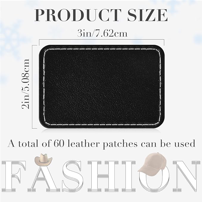 Dunzy 60 Pcs Leather Hat Patches Blank Leatherette Hat Patch with Adhesive Rectangle Laserable Leatherette Patch for Hats Custom Fabric Sew Laser Engraving DIY(Black,3 x 2 Inch)