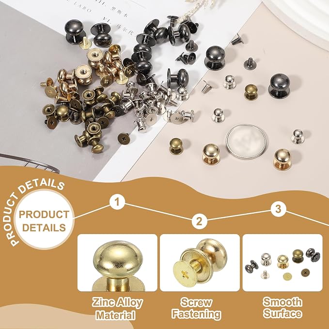PATIKIL 10 mm Leather Rivets, 20 Sets Ball Head Stud Screw Back Round Head Button Chicago Screw Nipple Stud Rivet for Leather DIY Craft Handbag Belt Repairs, Gold Tone