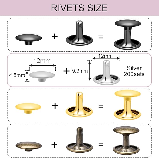 CooBigo 200Sets 12mm Double Round Cap Leather Rivets, Tubular Metal Rivets Spikes Studs, Leather Rivets for Leather Key Fob Clothing Pets Collar Boots Bags Belt Repair and Decoration (Silver)
