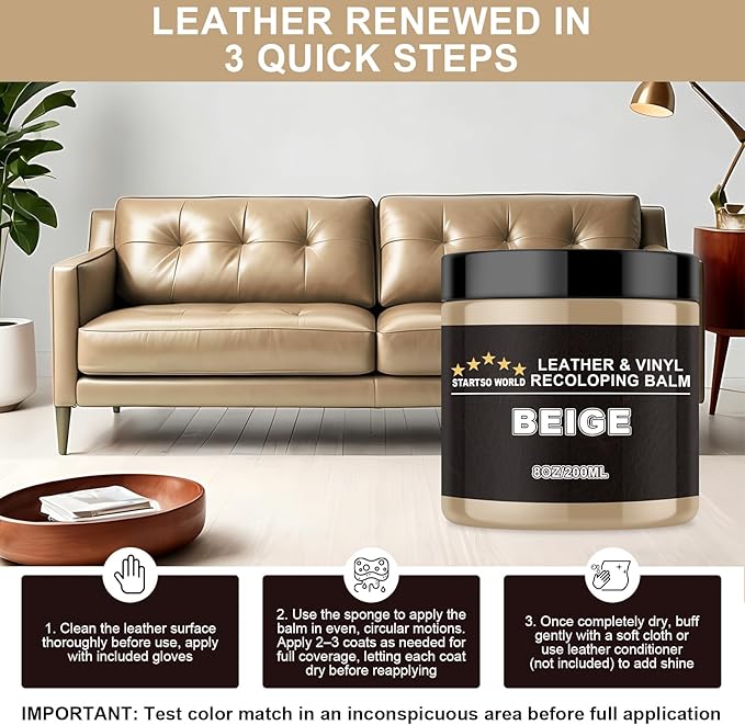 STARTSO WORLD Leather Recoloring Balm,Beige Leather Repair Kit for Furniture,Couches & Car Seats, Leather Paint, Leather Color Restorer, Leather Scratch Remover