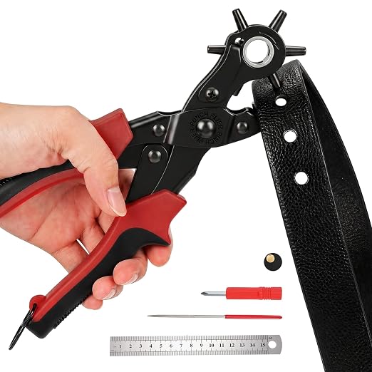 XZQTIVE 6 Sizes Heavy Duty Revolving Punch Plier Kit, Double Lever Labor-Saving Belt Hole Puncher Tool Set for Leather Repair, Watch Bands, Bag Straps, Dog Collars, Saddles, Shoes, Fabric, DIY Crafts