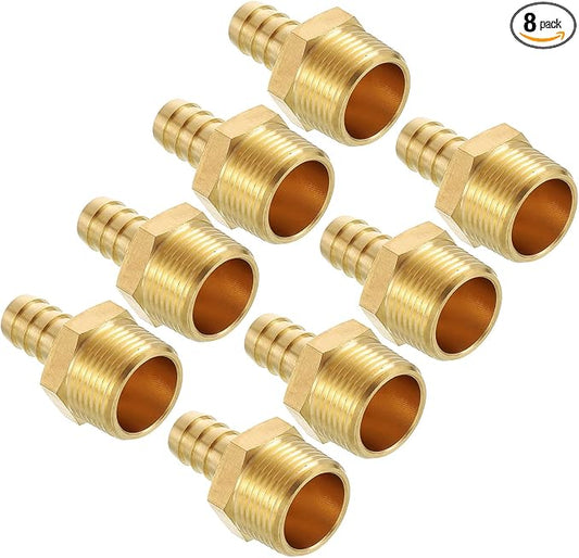 Pack of 8 Brass Hose Barb Fittings Adapter Connector 1/2" Hose Barb to 3/4" NPT Male Fittings for Home Machines, Massage Bathtubs, and Irrigation Systems