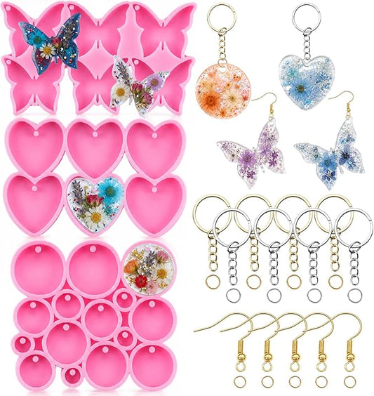 Resin Molds Silicone Kit, Epoxy Casting Keychain Molds with Circle Heart Butterfly Shapes, DIY Jewelry Making Supplies with Keyrings and Ear Hooks for Crafts