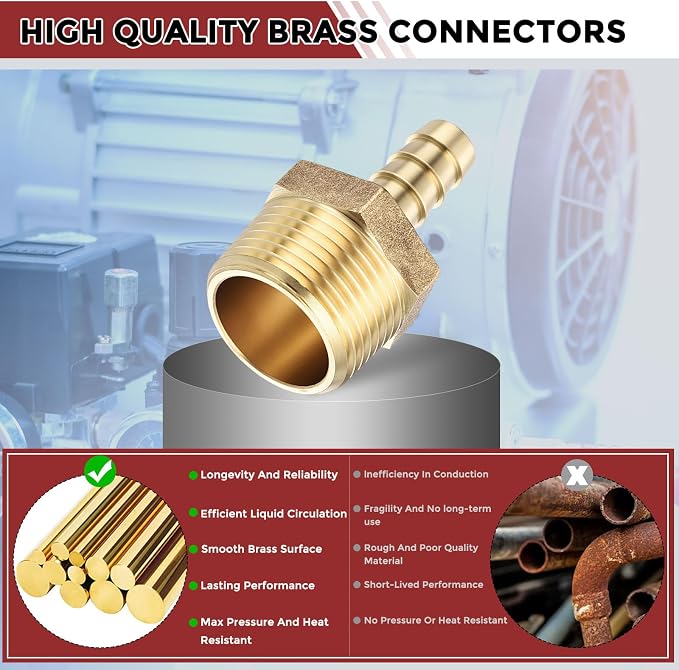 Pack of 8 Brass Hose Barb Fittings Adapter Connector 3/8" Hose Barb to 3/4" NPT Male Fittings for Home Machines, Massage Bathtubs, and Irrigation Systems